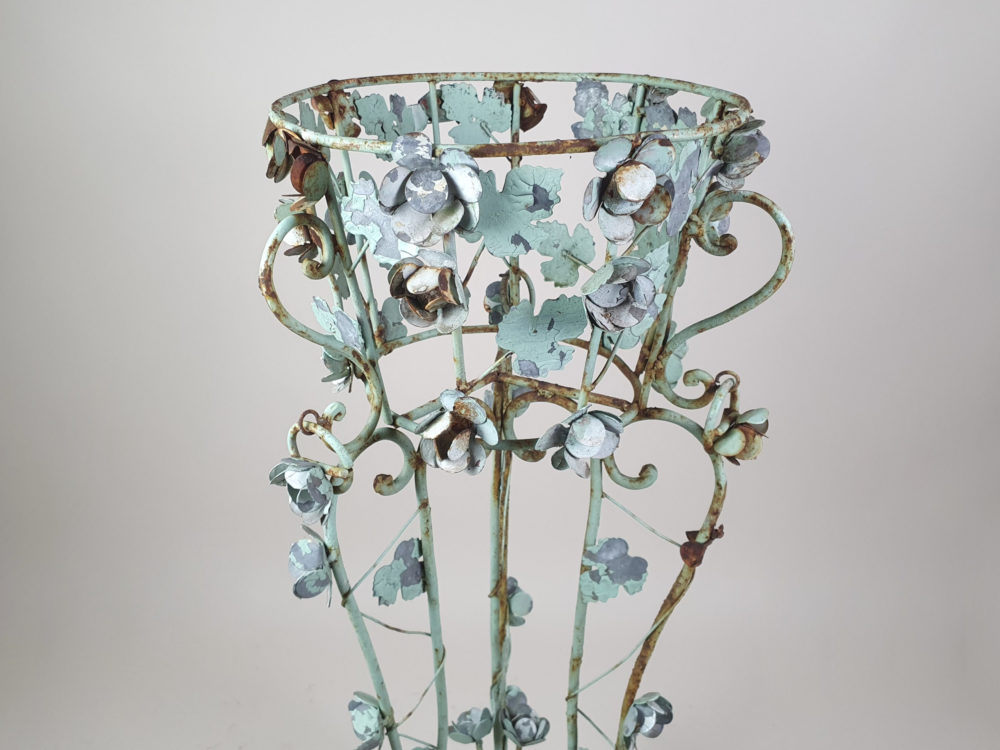Pair of tall intricately designed  wrought iron Garden Planters with original turquoise paint