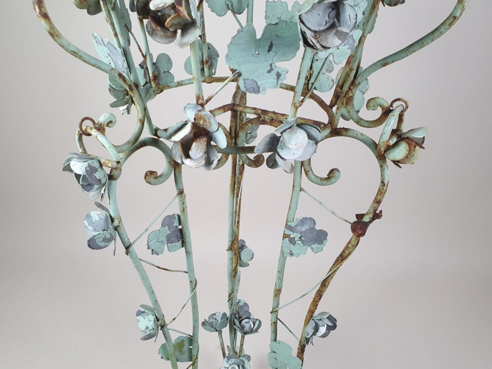 Pair of tall intricately designed  wrought iron Garden Planters with original turquoise paint