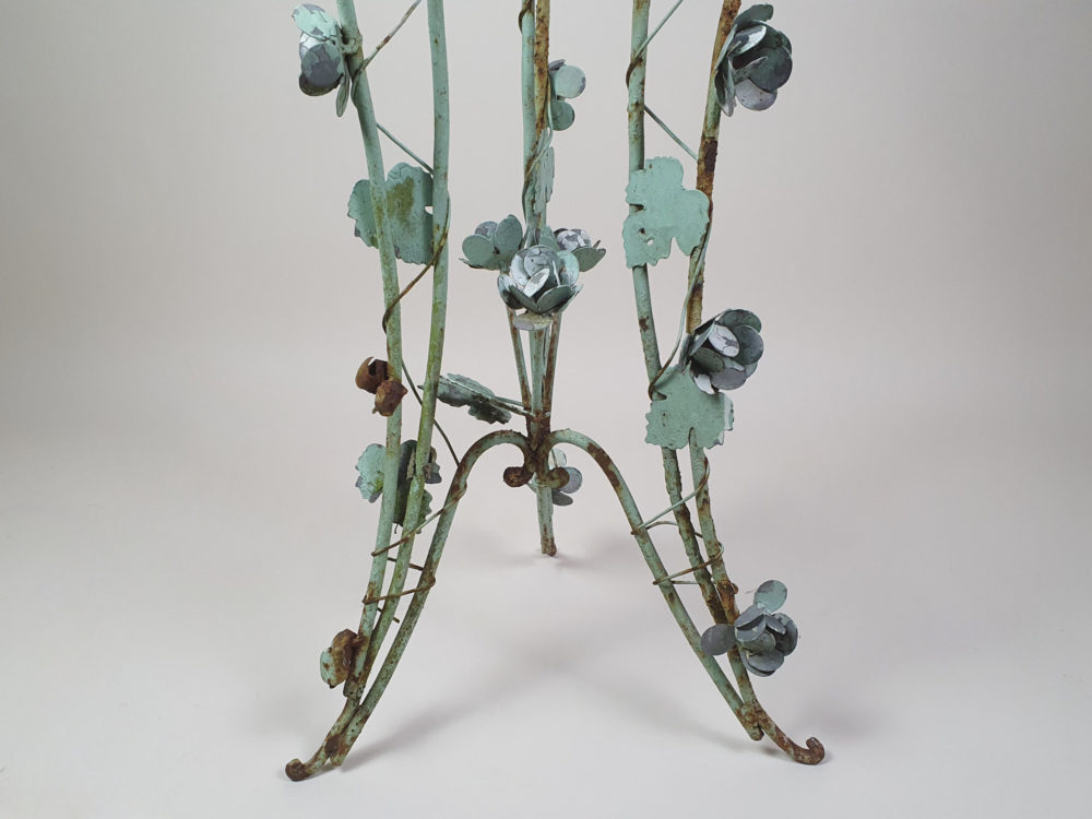 Pair of tall intricately designed  wrought iron Garden Planters with original turquoise paint