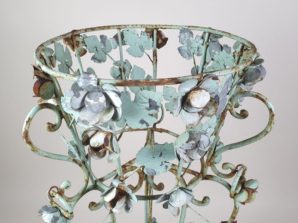 Pair of tall intricately designed  wrought iron Garden Planters with original turquoise paint