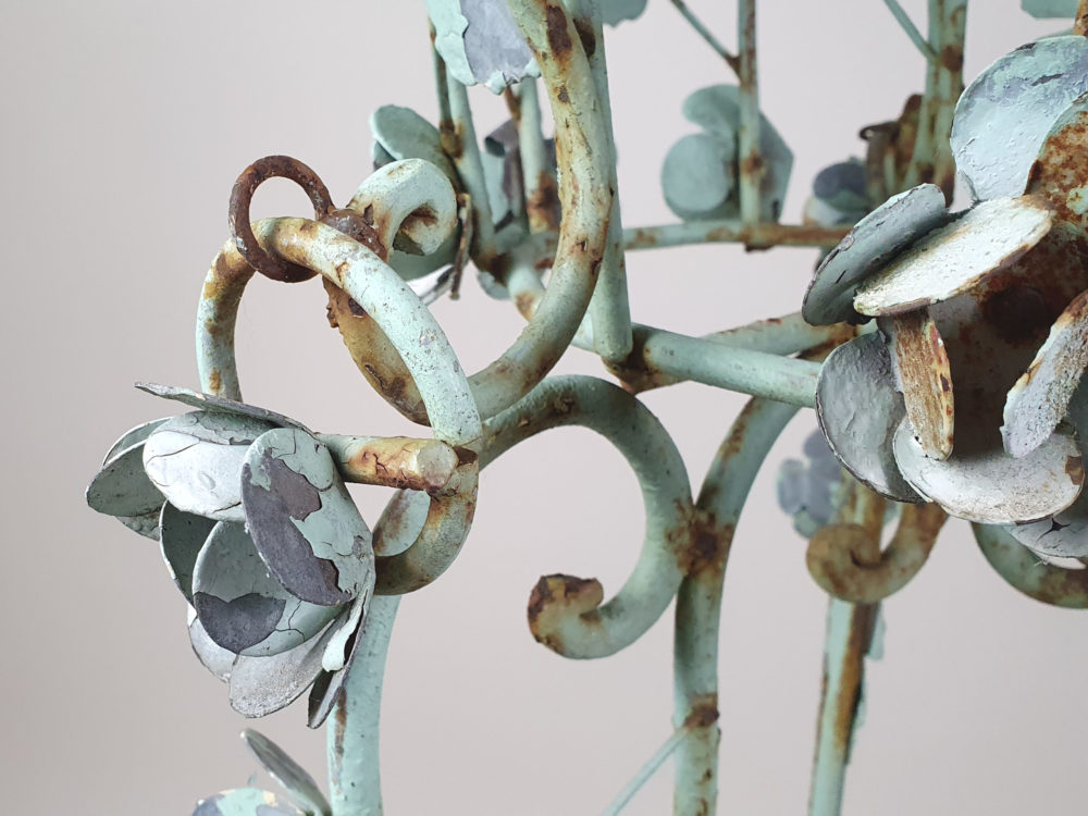 Pair of tall intricately designed  wrought iron Garden Planters with original turquoise paint