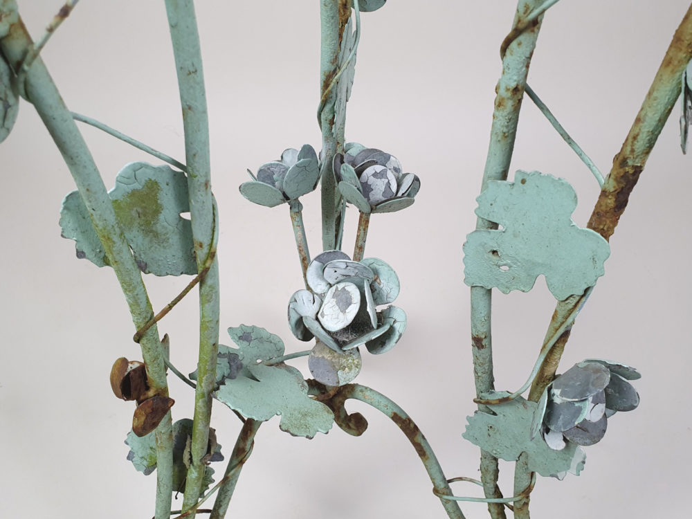 Pair of tall intricately designed  wrought iron Garden Planters with original turquoise paint