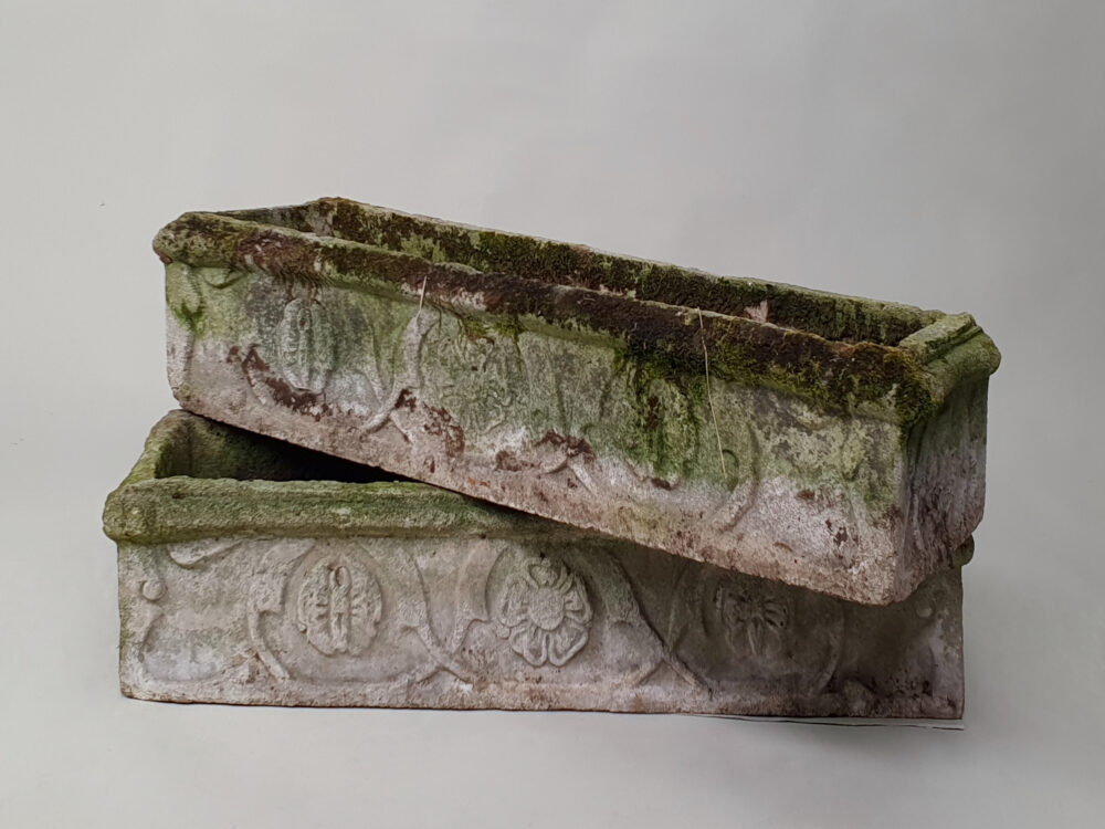 Pair of trough composite antique garden planters