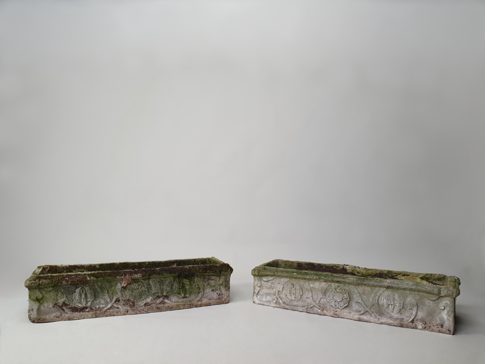 Pair of trough composite antique garden planters