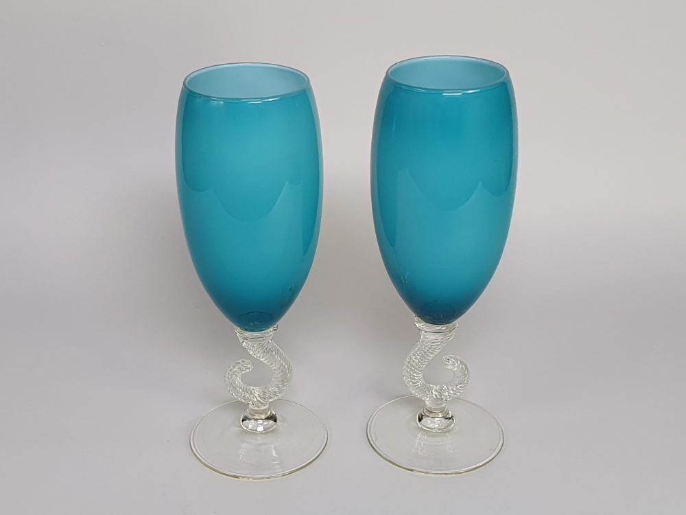 Pair of  turquoise vintage mid century studio glass Vases
