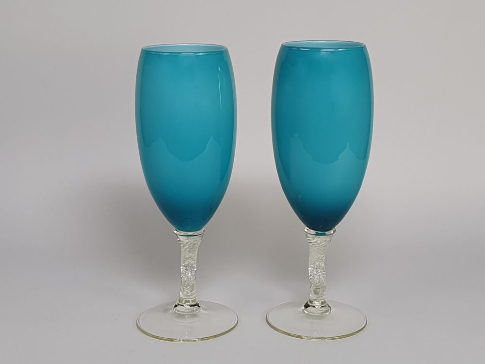 Pair of  turquoise vintage mid century studio glass Vases