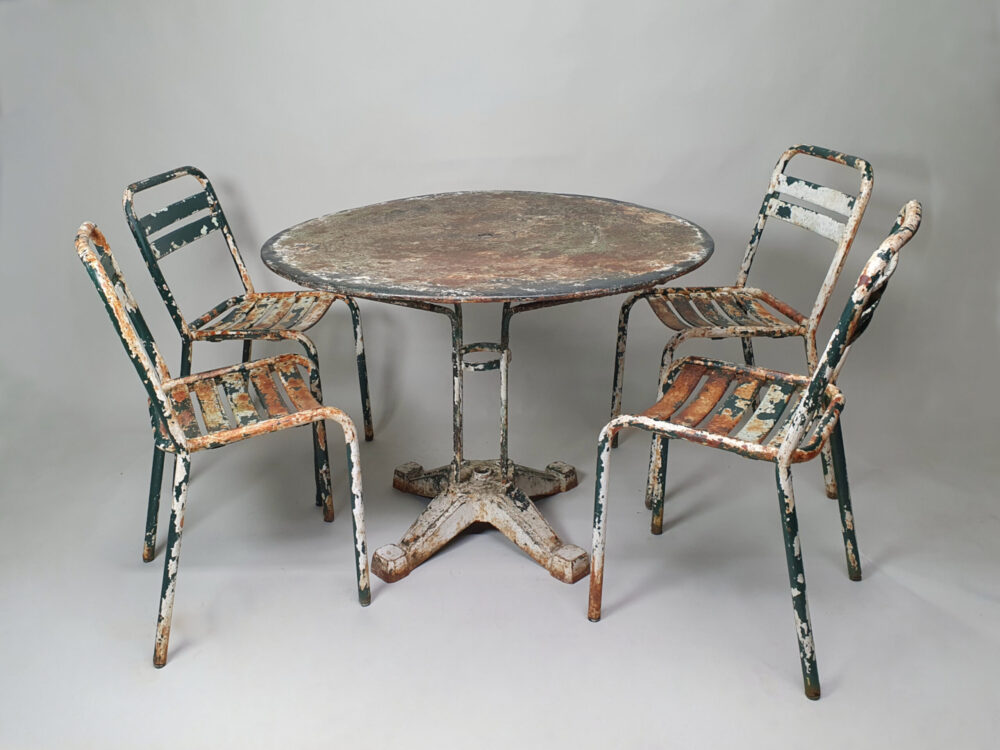 Rare Art Deco antique garden furniture set - table & 4 chairs in original green paint