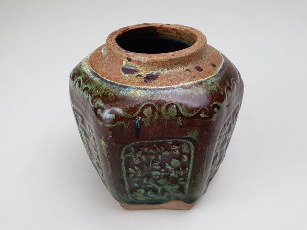 Rare antique rustic pottery chocolate brown and green glazed Ginger Jar or Pot