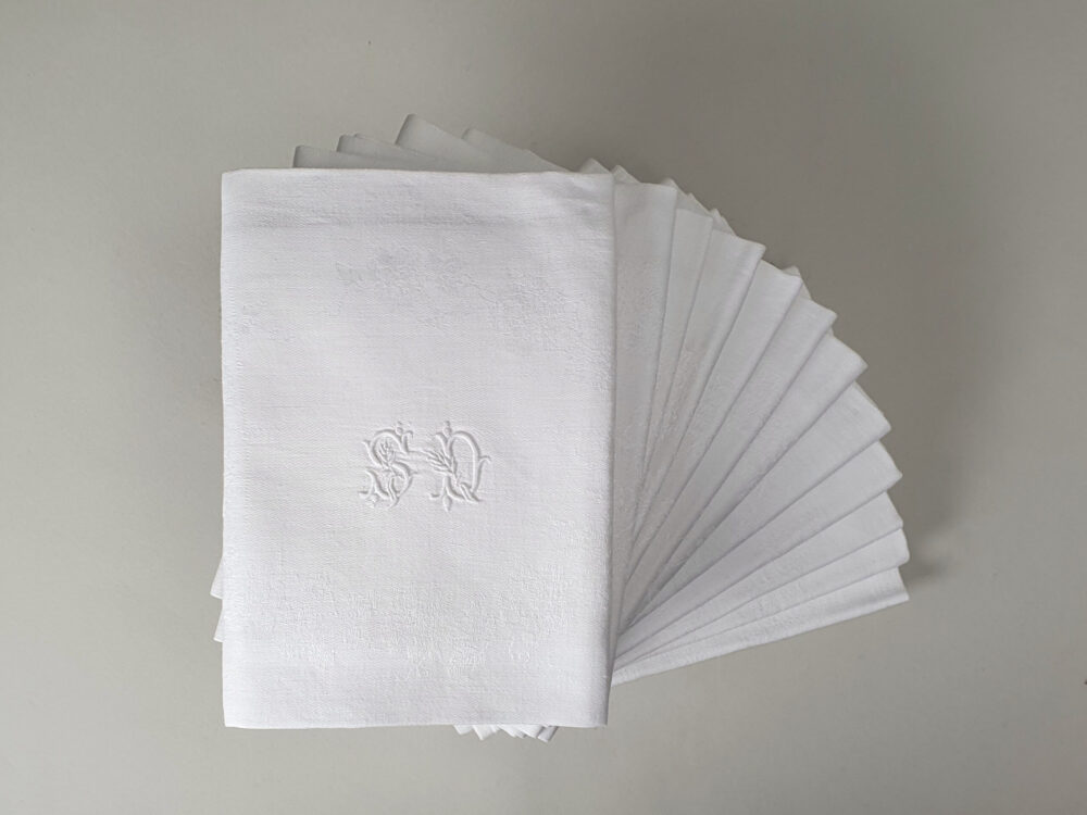 Rare large set of 12 white French Napkins or Serviettes with antique embroidery monogrammed S D or A S