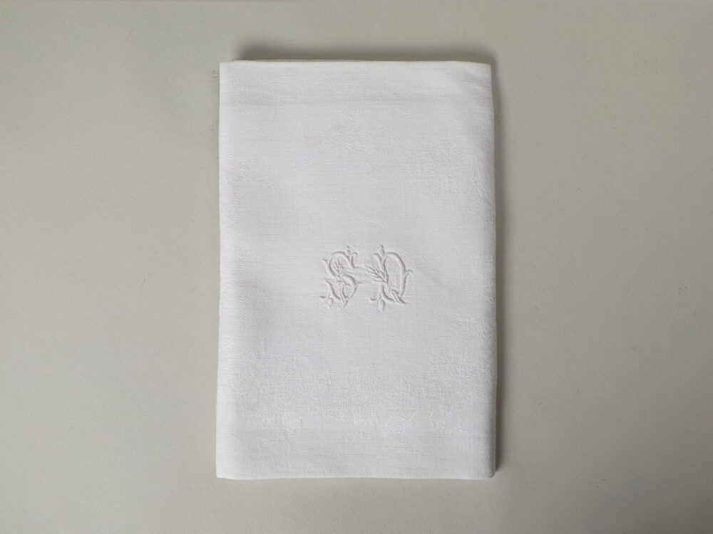 Rare large set of 12 white French Napkins or Serviettes with antique embroidery monogrammed S D or A S