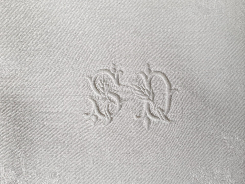 Rare large set of 12 white French Napkins or Serviettes with antique embroidery monogrammed S D or A S