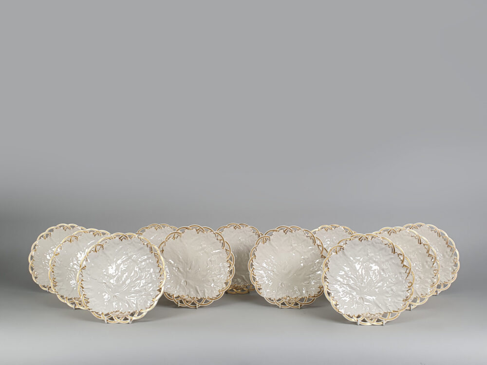 Rare set of 11 antique Royal Worcester White Cabbage Leaf Plates with lattice edges