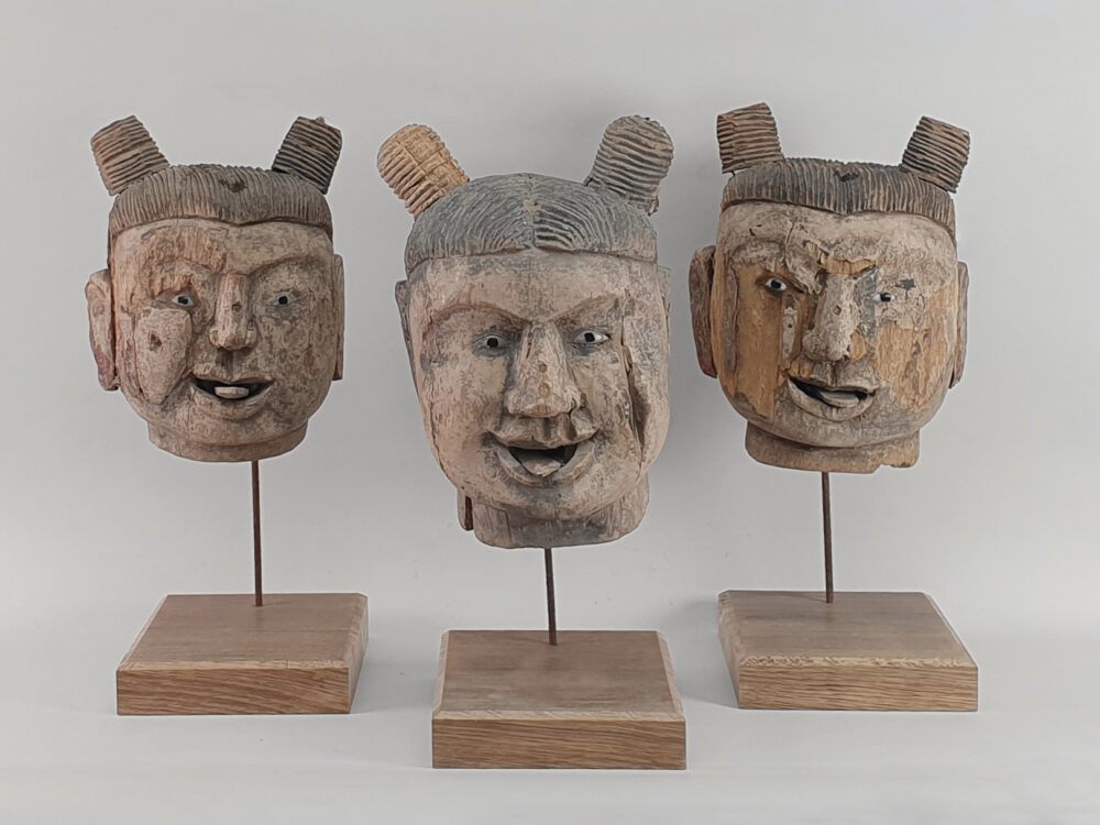 Selection of rustic antique carved Burmese Puppet Heads