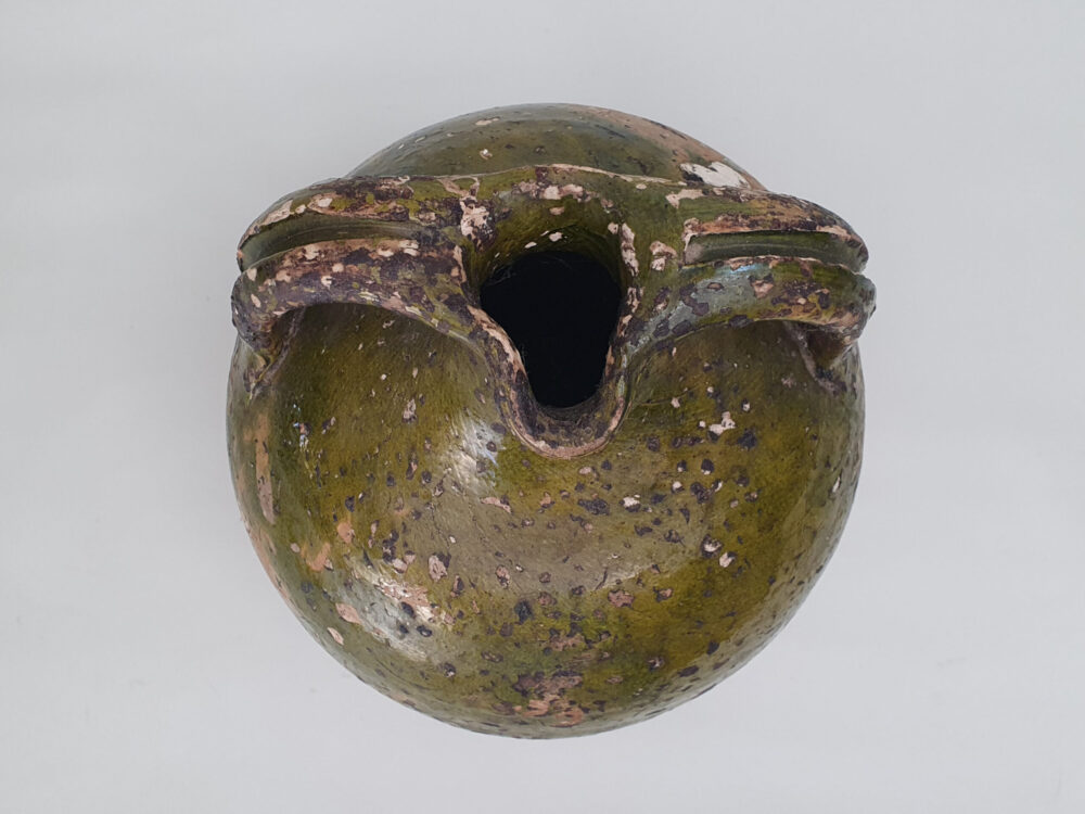 Rustic pottery French Olive Jar or Amphora with a worn green glaze