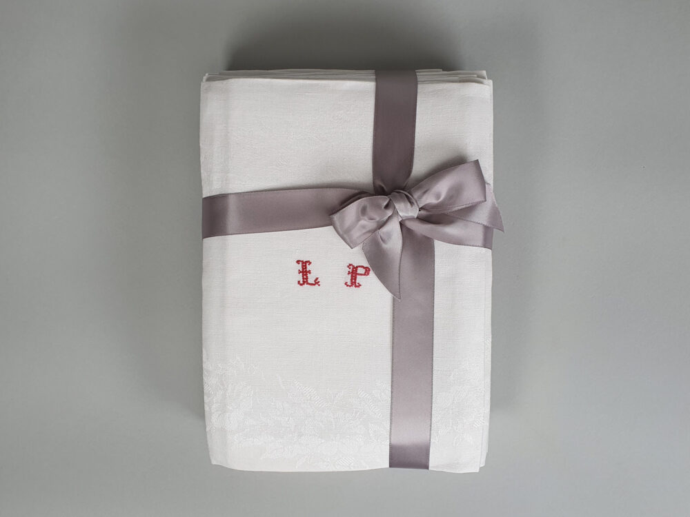 Set 8 French Napkins or Serviettes with antique embroidery monogrammed L P