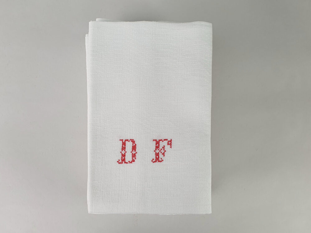 Set of 10 French Napkins or Serviettes with red antique embroidery monogrammed D F