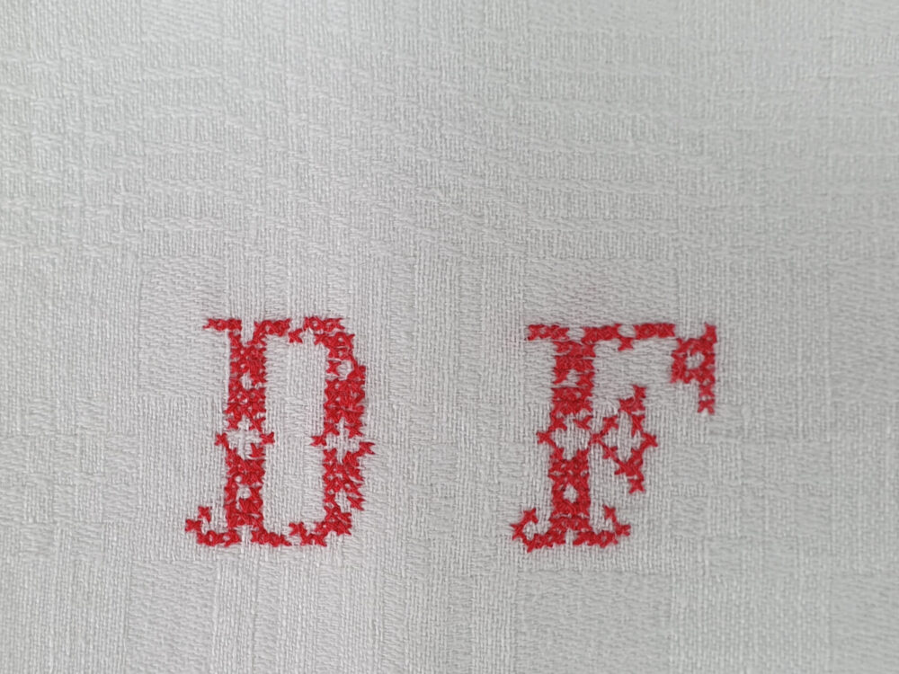 Set of 10 French Napkins or Serviettes with red antique embroidery monogrammed D F