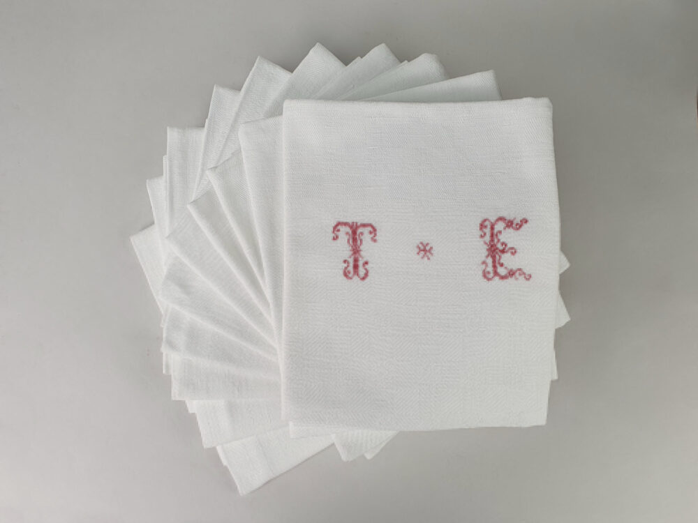 Set of 10 French Napkins or Serviettes with red antique embroidery monogrammed T E