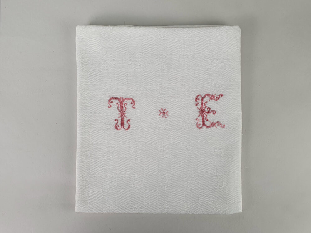 Set of 10 French Napkins or Serviettes with red antique embroidery monogrammed T E
