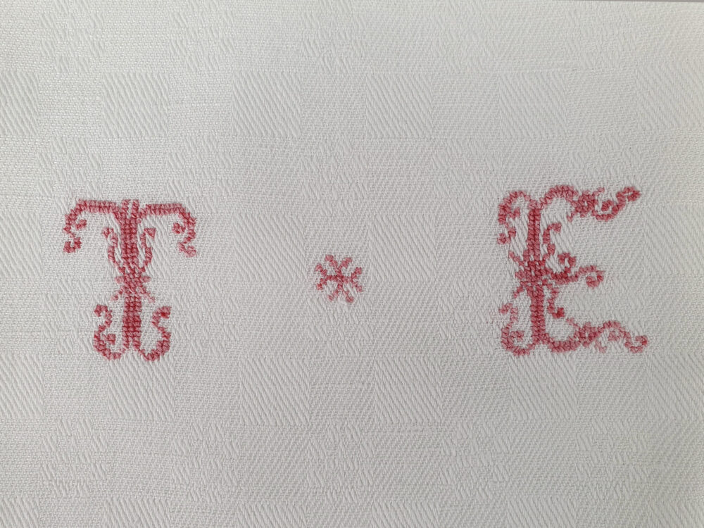 Set of 10 French Napkins or Serviettes with red antique embroidery monogrammed T E