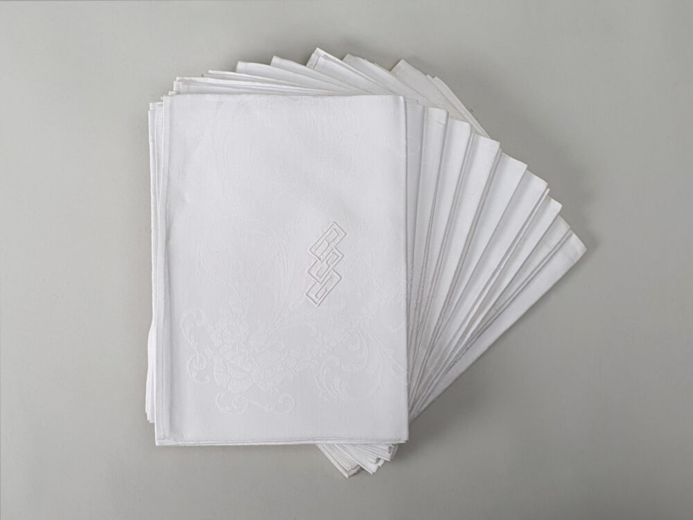 Set of 10 cream French Napkins or Serviettes with antique embroidery monogrammed R S L