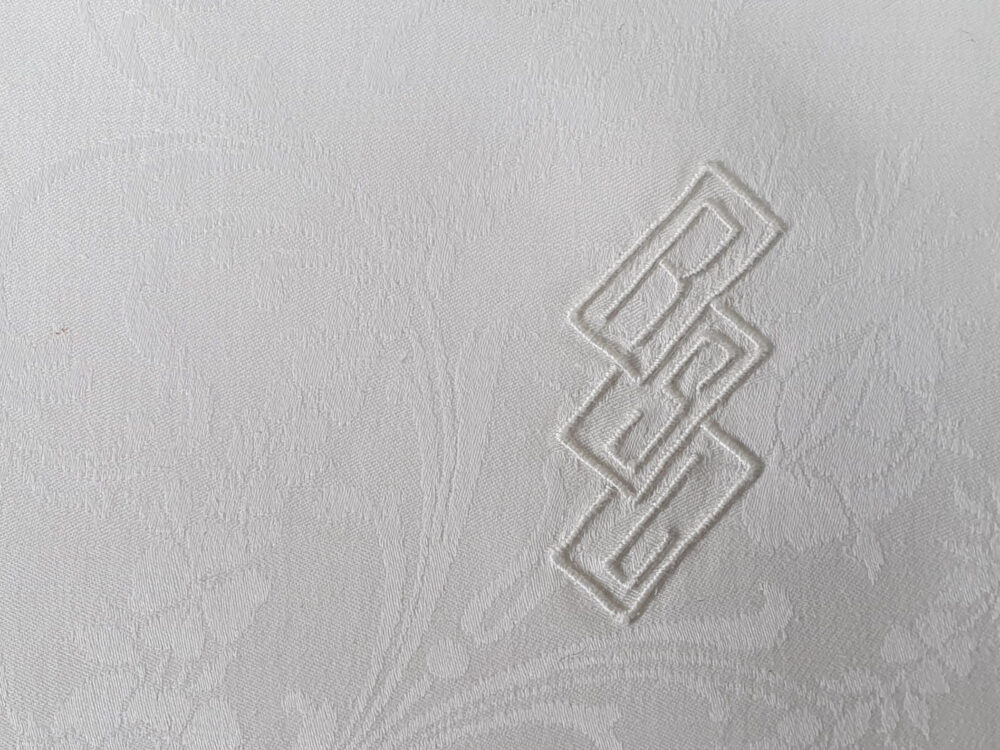 Set of 10 cream French Napkins or Serviettes with antique embroidery monogrammed R S L