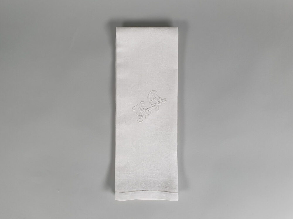 Set of 10 white French Napkins or Serviettes with antique embroidery monograms H R or possibly MR
