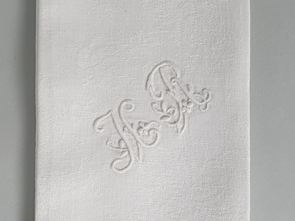 Set of 10 white French Napkins or Serviettes with antique embroidery monograms H R or possibly MR
