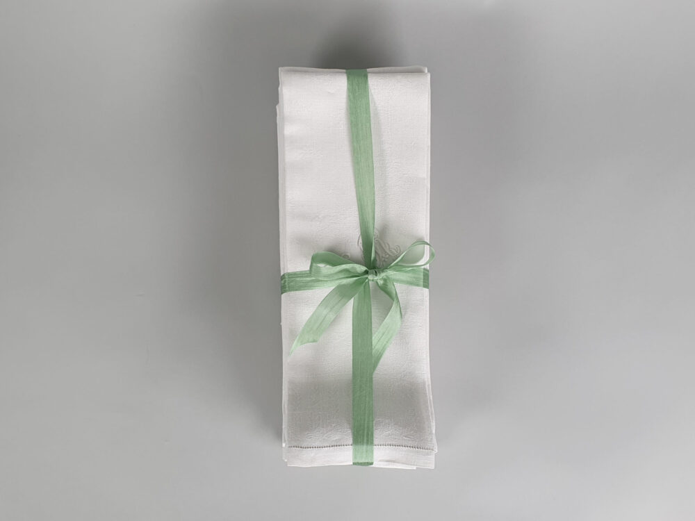 Set of 10 white French Napkins or Serviettes with antique embroidery monograms H R or possibly MR