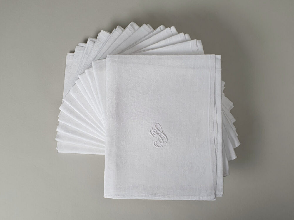 Set of 12 French Napkins or Serviettes with ornate antique embroidery monograms, J S
