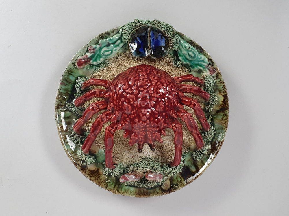 Set of 3 antique Majolica Palissy crayfish Wall Chargers, signed Alvaro Jose