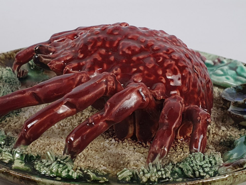 Set of 3 antique Majolica Palissy crayfish Wall Chargers, signed Alvaro Jose