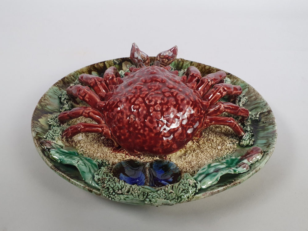Set of 3 antique Majolica Palissy crayfish Wall Chargers, signed Alvaro Jose