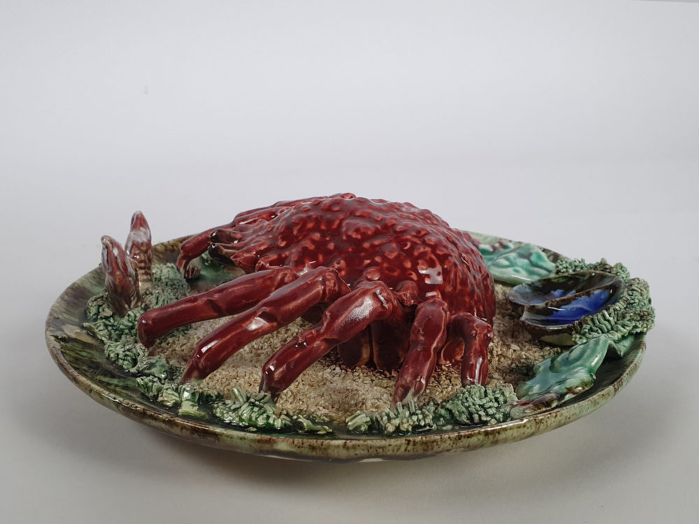 Set of 3 antique Majolica Palissy crayfish Wall Chargers, signed Alvaro Jose