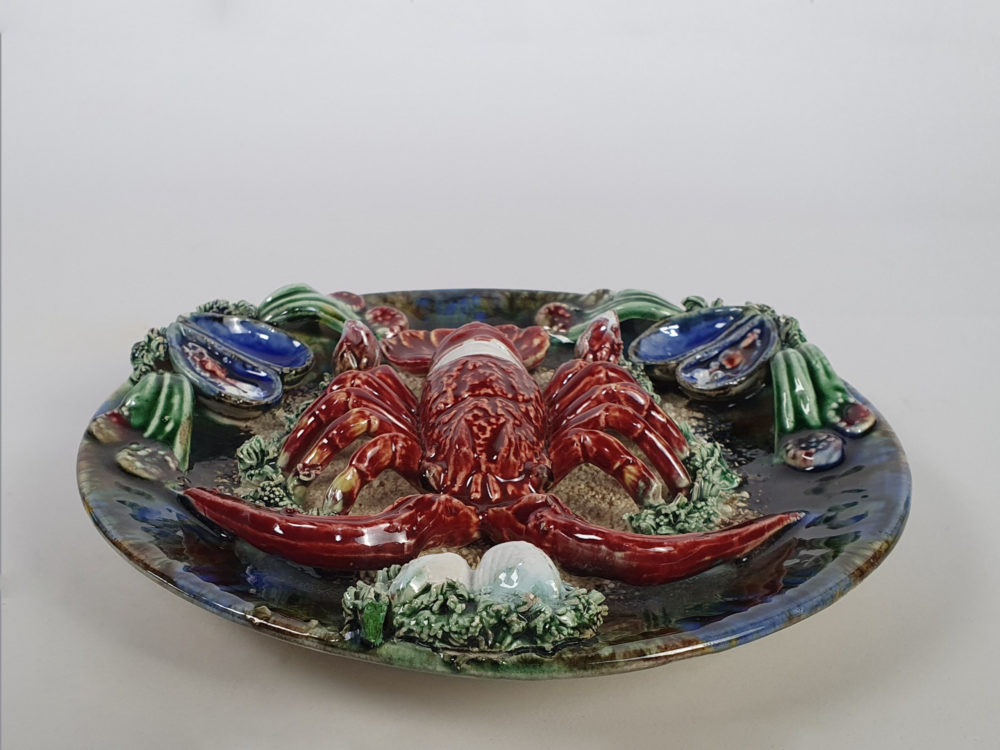 Set of 3 antique Majolica Palissy crayfish Wall Chargers, signed Alvaro Jose