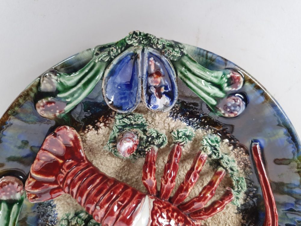 Set of 3 antique Majolica Palissy crayfish Wall Chargers, signed Alvaro Jose