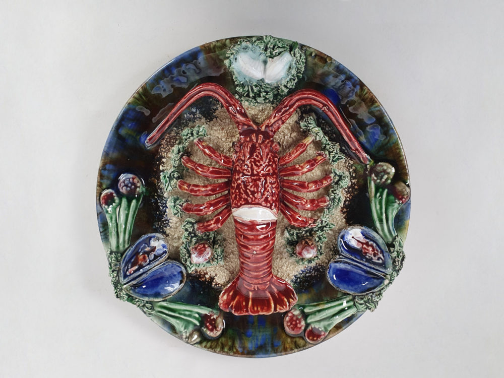 Set of 3 antique Majolica Palissy crayfish Wall Chargers, signed Alvaro Jose