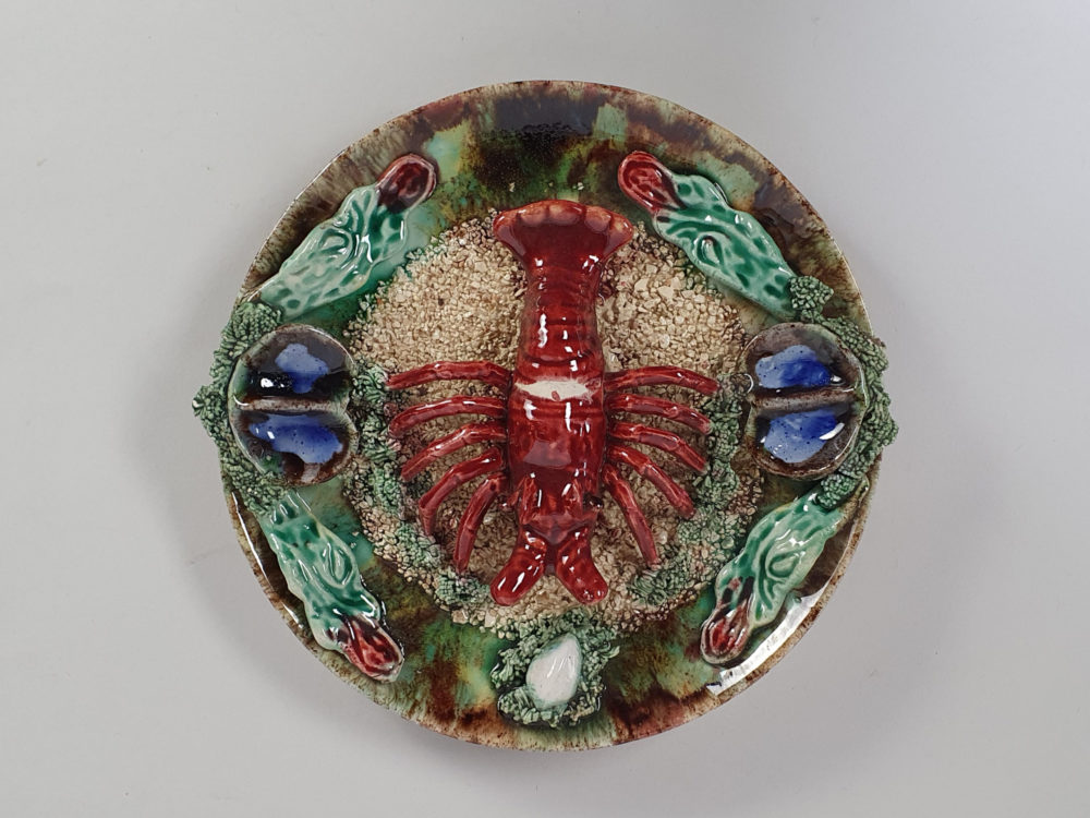 Set of 3 antique Majolica Palissy crayfish Wall Chargers, signed Alvaro Jose