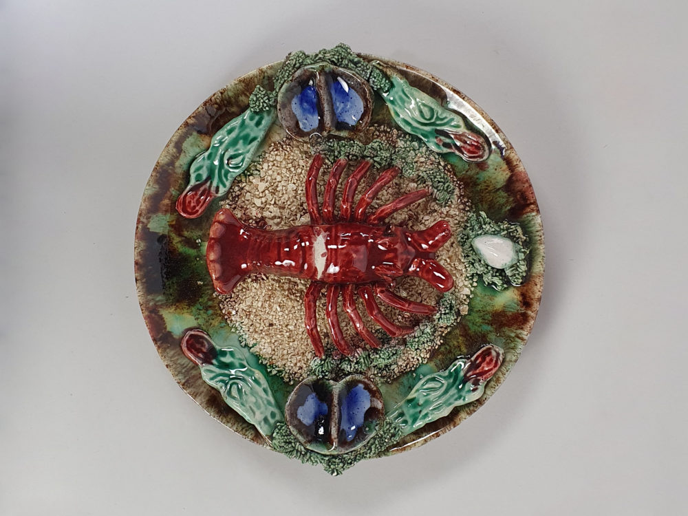Set of 3 antique Majolica Palissy crayfish Wall Chargers, signed Alvaro Jose