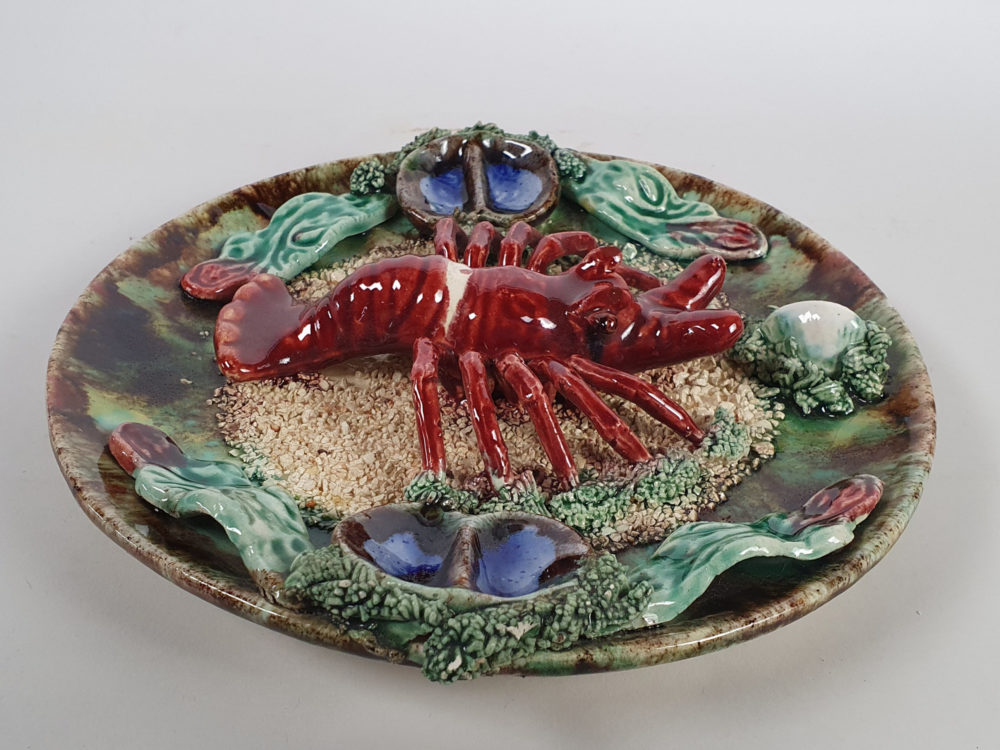 Set of 3 antique Majolica Palissy crayfish Wall Chargers, signed Alvaro Jose