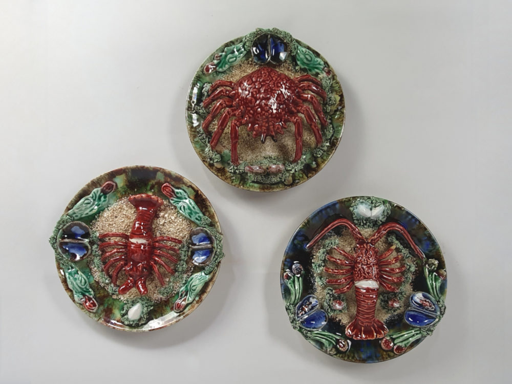 Set of 3 antique Majolica Palissy crayfish Wall Chargers, signed Alvaro Jose