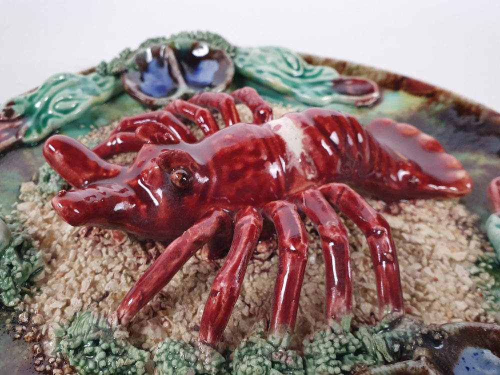 Set of 3 antique Majolica Palissy crayfish Wall Chargers, signed Alvaro Jose