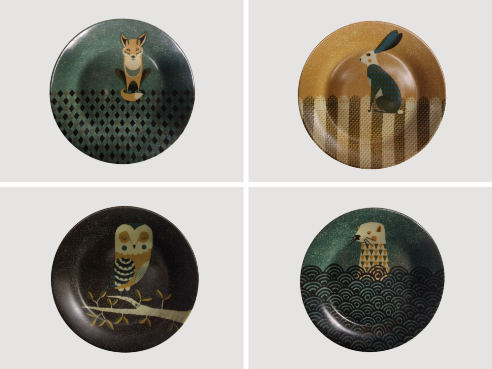 Set of 4 Tom Frost 'Dust Wildlife' Wall Mounted Plates - Fox, Hare, Otter & Owl