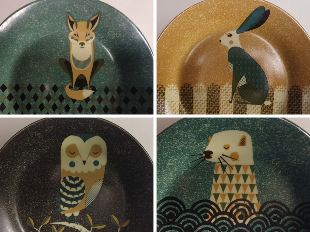 Set of 4 Tom Frost 'Dust Wildlife' Wall Mounted Plates - Fox, Hare, Otter & Owl