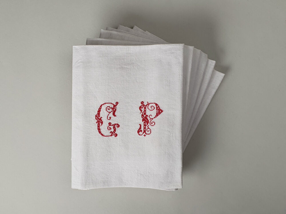 Set of 6 French Napkins or Serviettes with red antique embroidery monogrammed G P