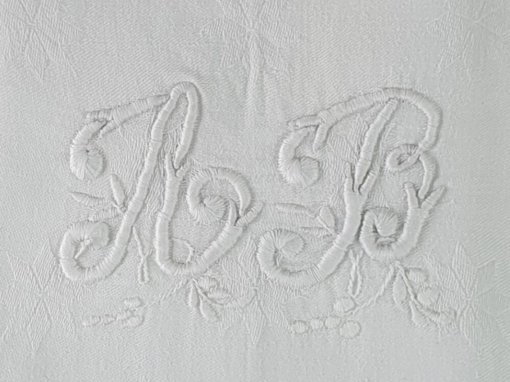 Set of 6 white French Napkins or Serviettes with antique embroidery monogrammed A B