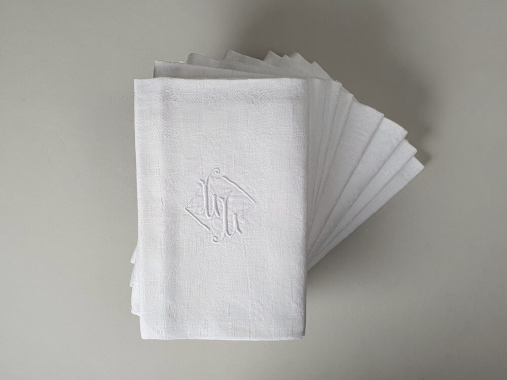 Set of 8 French Napkins or Serviettes with antique embroidery monogrammed L L