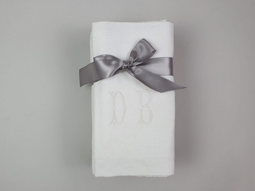 Set of 8 white French Napkins or Serviettes with antique embroidery monogrammed D B