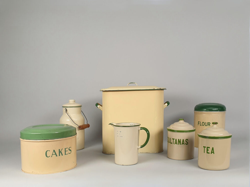 Set of cream and green enamel Kitchen Ware