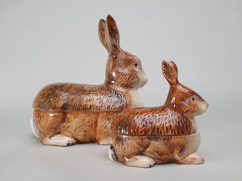 Set of two Michel Cougant antique ceramic French terrine Rabbits